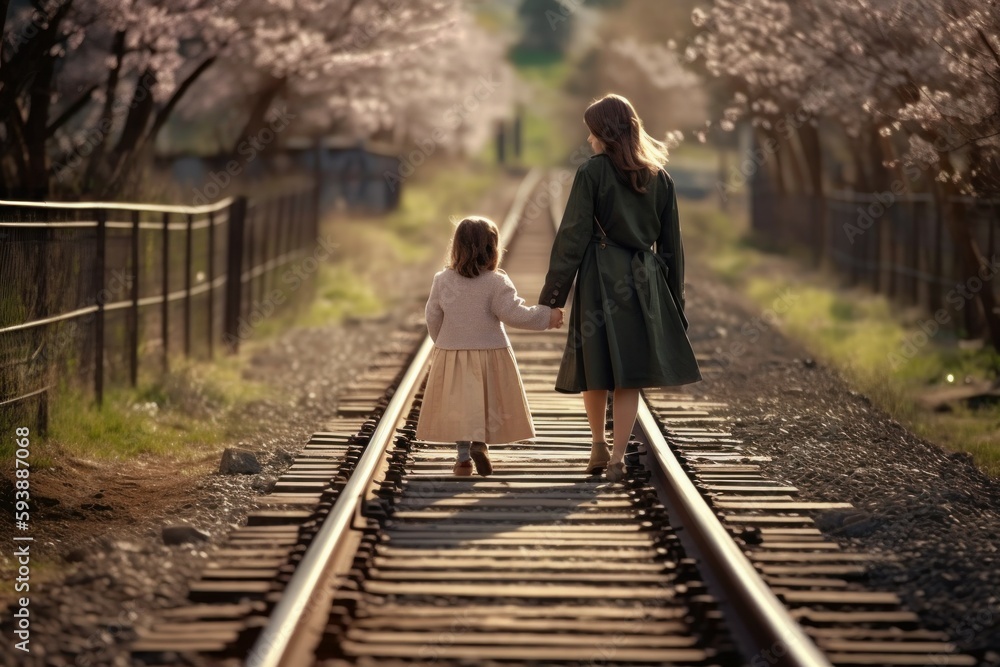 Mother and girl near rail station. Generate Ai Mother and girl near rail station. Generate Ai