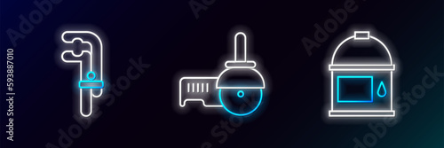 Set line Paint bucket, Clamp tool and Angle grinder icon. Glowing neon. Vector