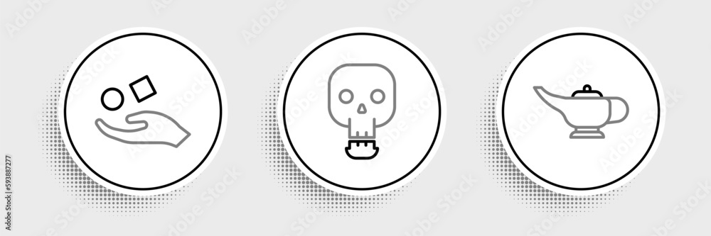 Set line Magic lamp or Aladdin, Cube levitating above hand and Skull icon. Vector Set line Magic lamp or Aladdin, Cube levitating above hand and Skull icon. Vector