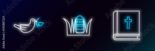 Set line Holy bible book, Peace dove with olive branch and Easter egg icon. Glowing neon. Vector