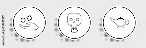 Set line Magic lamp or Aladdin, Cube levitating above hand and Skull icon. Vector