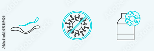 Set line Bottle with virus, Ebola disease and Stop icon. Vector