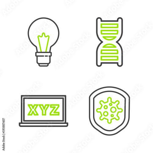 Set line Shield protecting from virus, XYZ Coordinate system, DNA symbol and Light bulb with concept of idea icon. Vector