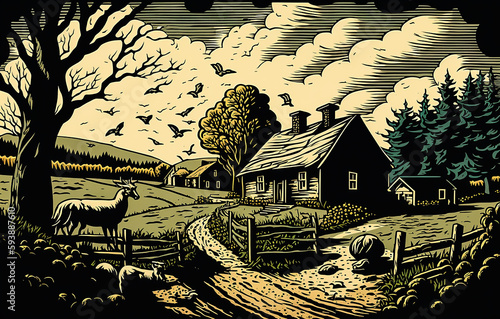 Woodcut Landscape. Generative AI.
A digital painting of a rustic landscape in a woodcut style.