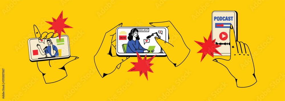 Concept of news, watching video online, podcast, talk show, tv application, live streaming. Hand holding smartphone with man with microphone on screen. Vector illustration in flat style