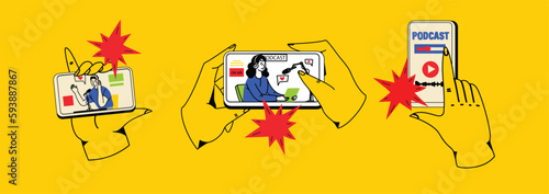 Concept of news, watching video online, podcast, talk show, tv application, live streaming. Hand holding smartphone with man with microphone on screen. Vector illustration in flat style