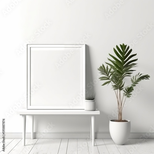 Empty square frame mockup in the modern minimalist interior with plant in trendy vase on white wall background, Template for artwork, painting, photo or poster " ai generated " © Shaji
