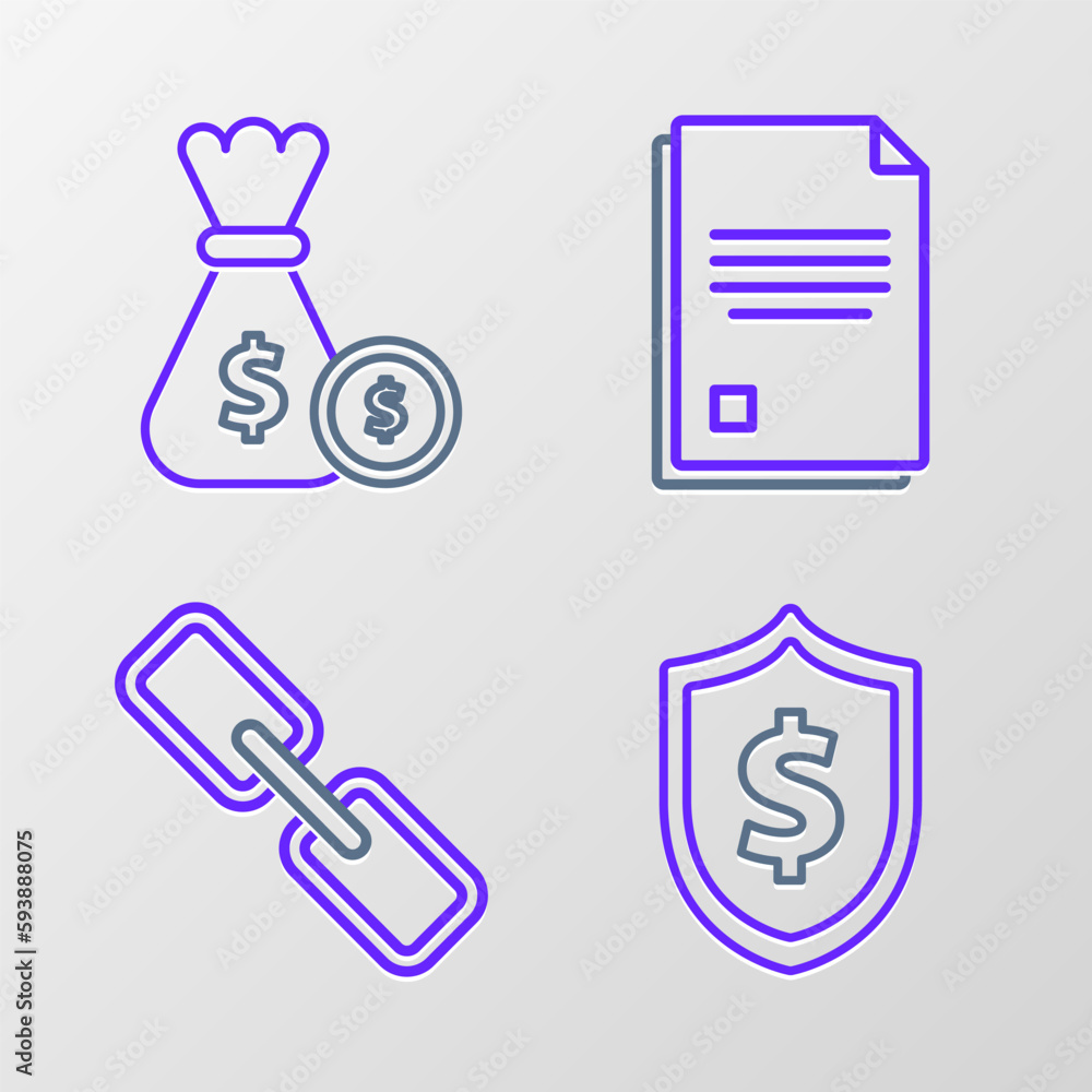 Set line Shield with dollar symbol, Chain link, File document and Money bag and coin icon. Vector Set line Shield with dollar symbol, Chain link, File document and Money bag and coin icon. Vector