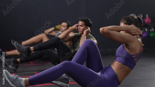 Asian woman person exercise in fitness indoor gym, young athlete female making sport training active for body slim and healthy lifestyle, girl using strong weight for making strength muscle wellness