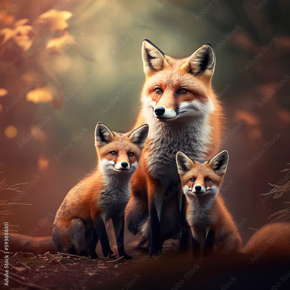 Fototapeta premium Three red foxes in autumn forest, Generative AI
