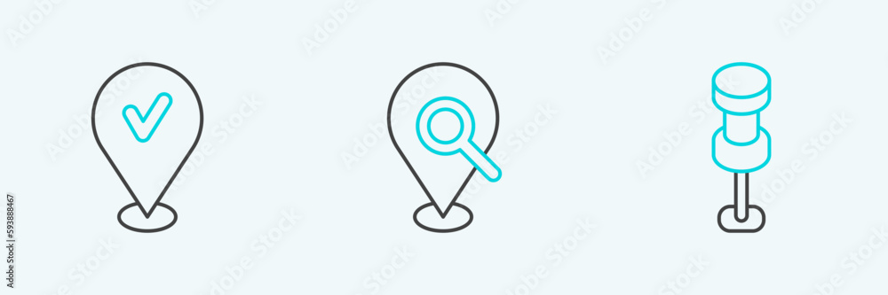 Set line Push pin, Location with check mark and Search location icon. Vector Set line Push pin, Location with check mark and Search location icon. Vector