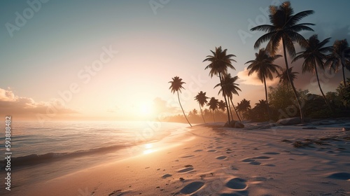 beautiful sunset on the ocean shore with palm trees. rest on the island.