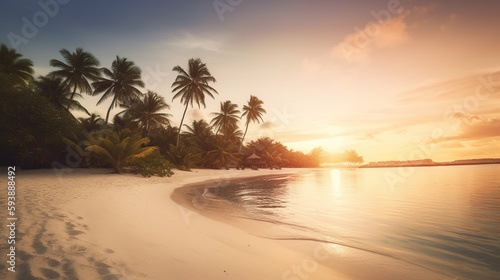 beautiful sunset on the ocean shore with palm trees. rest on the island. © robertuzhbt89