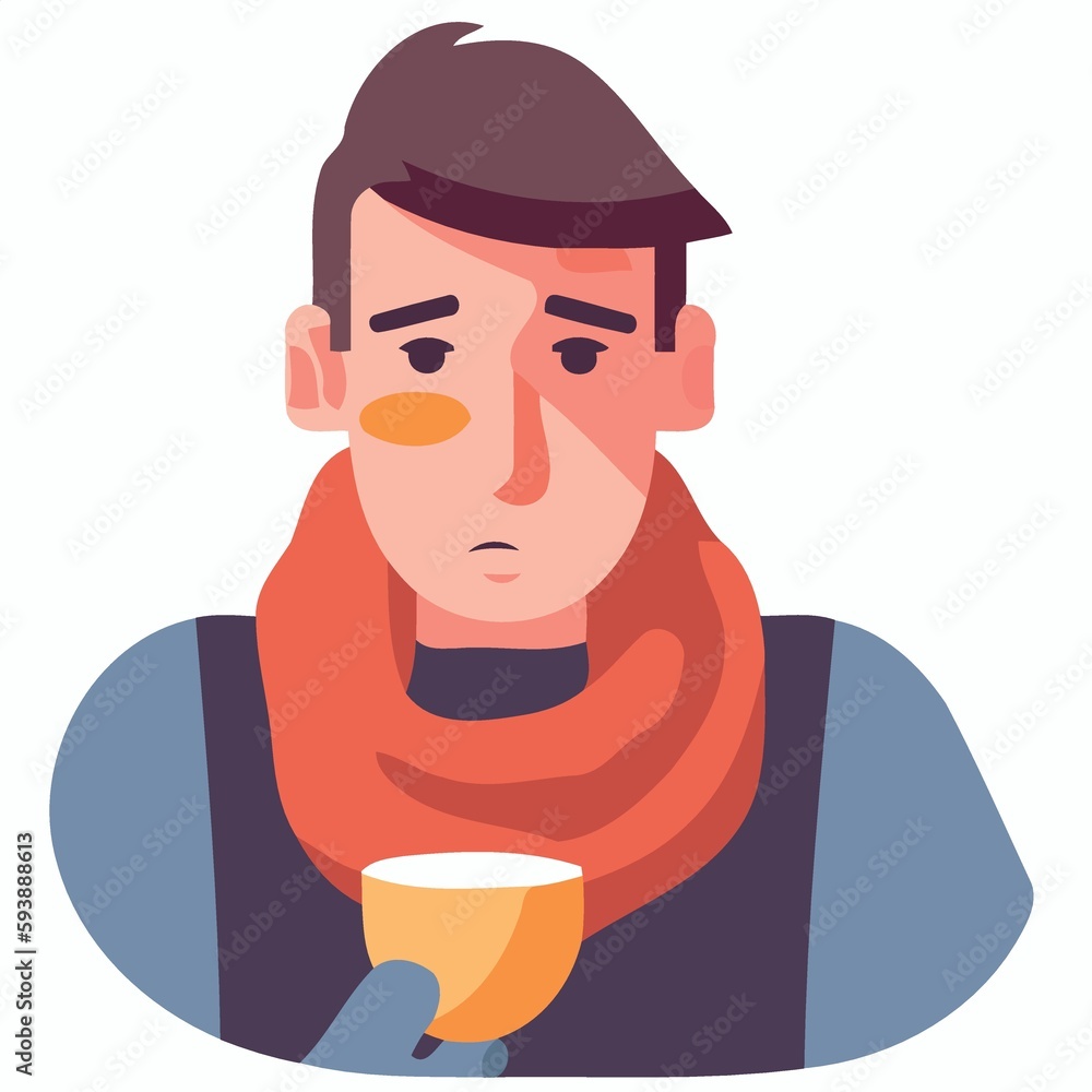 sick man with flu with scarf and cup created with Generative AI technology