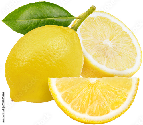 Citrus Lemon fruit with leaf on white background, Lemon fruit fruit on a branch over white PNG file.