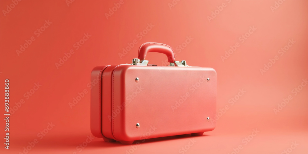 Red travel suitcase, on red background. Trip concept. Generative AI Red travel suitcase, on red background. Trip concept. Generative AI