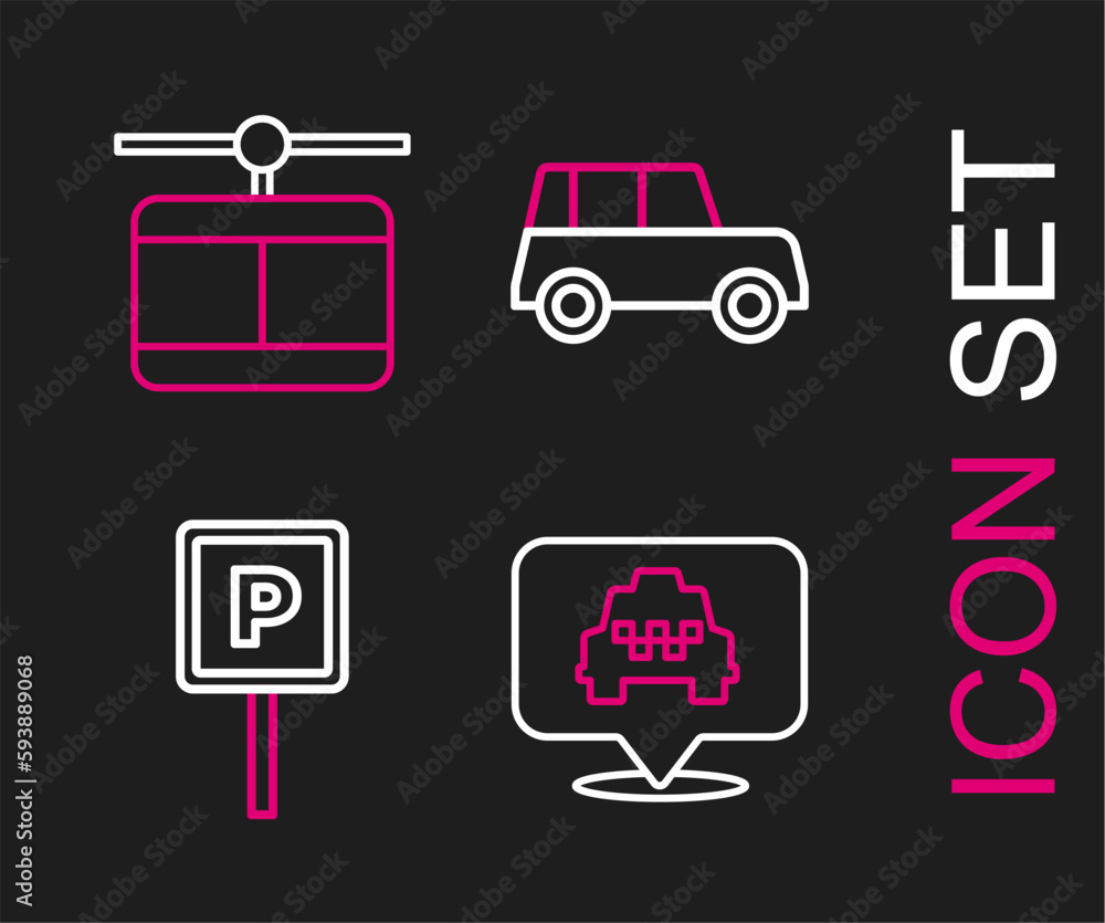 Set line Location with taxi, Parking, Car and Cable car icon. Vector Set line Location with taxi, Parking, Car and Cable car icon. Vector
