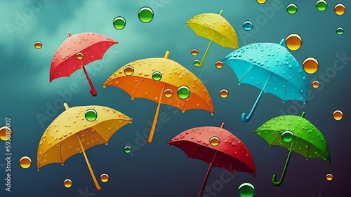 Colorful umbrellas. Blue, green, red umbrellas. Generative AI