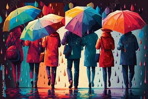 People with colorful umbrellas. Colorful rain. Generative AI