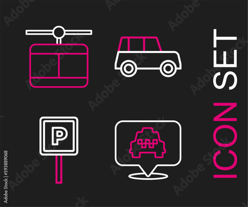 Set line Location with taxi, Parking, Car and Cable car icon. Vector