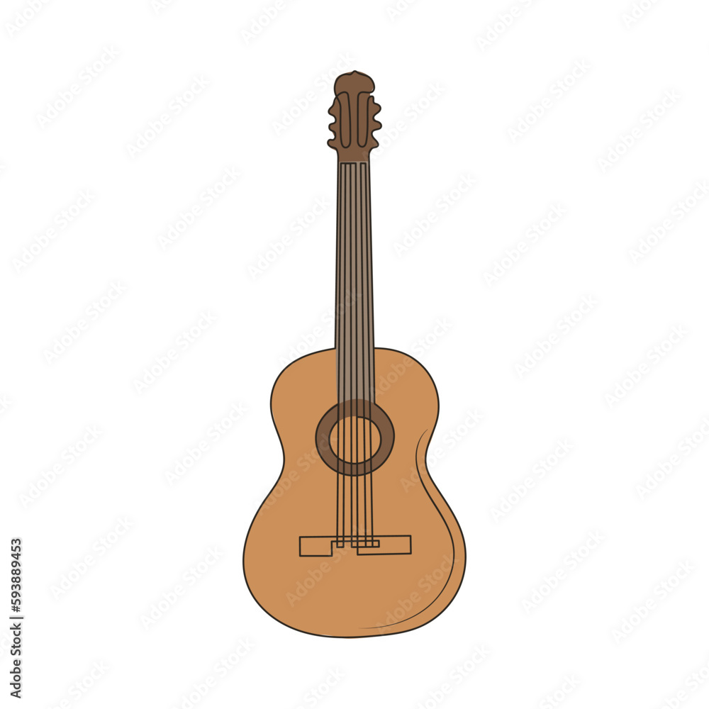 Wooden classic acoustic guitar. Line art music instrument. Colored hand drawn vector illustration.
