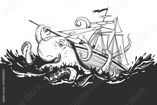 An enraged kraken attacks a commercial sailboat. Mythical monster from the dark depths. The octopus wraps its tentacles around the sailboat and pulls it to the bottom. Vector image.