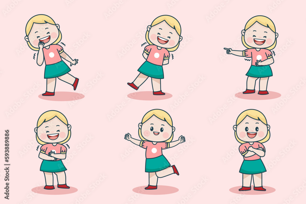 Young smart girl character with different facial expression and hand poses. Facial expression flat vector illustration