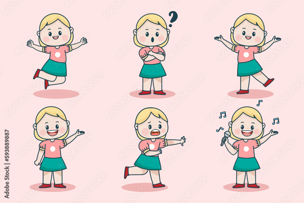 Young smart girl character with different facial expression and hand poses. Facial expression flat vector illustration Young smart girl character with different facial expression and hand poses. Facial expression flat vector illustration
