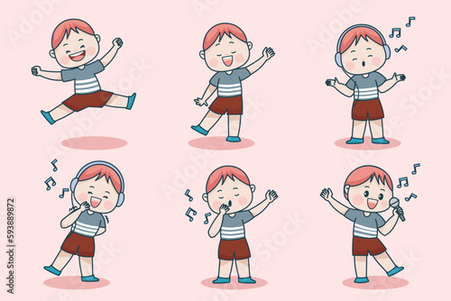Young smart boy character with different facial expression and hand poses.