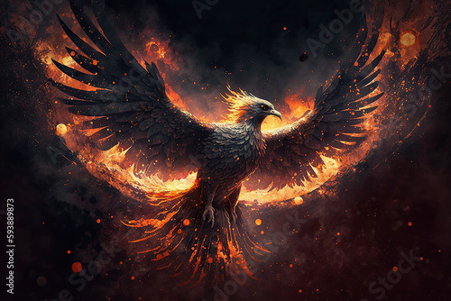 Experience the fiery rebirth of a majestic phoenix, its wings flapping flames against a dark backdrop. Perfect for powerful and mystical designs generative ai