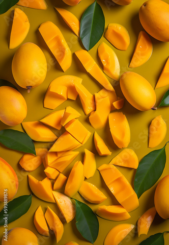 Mango Isolated on black Background. fresh Mango collection on stone background, top view. Tasty and healthy food. Generative AI