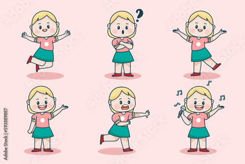 Young smart girl character with different facial expression and hand poses. Facial expression flat vector illustration