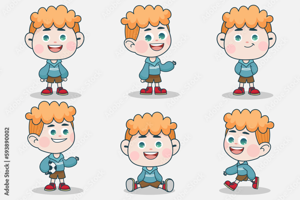 Young smart boy character with different facial expression and hand poses. Young smart boy character with different facial expression and hand poses.