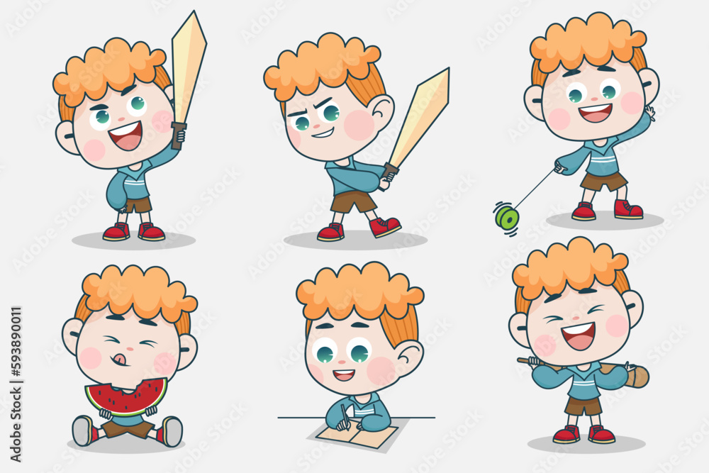 Young smart boy character with different facial expression and hand poses. Young smart boy character with different facial expression and hand poses.