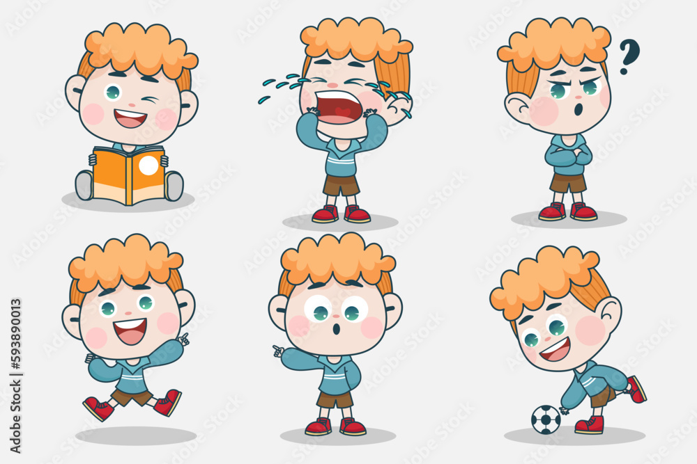 Young smart boy character with different facial expression and hand poses.