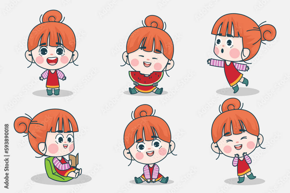 Young smart girl character with different facial expression and hand poses. Facial expression flat vector illustration Young smart girl character with different facial expression and hand poses. Facial expression flat vector illustration