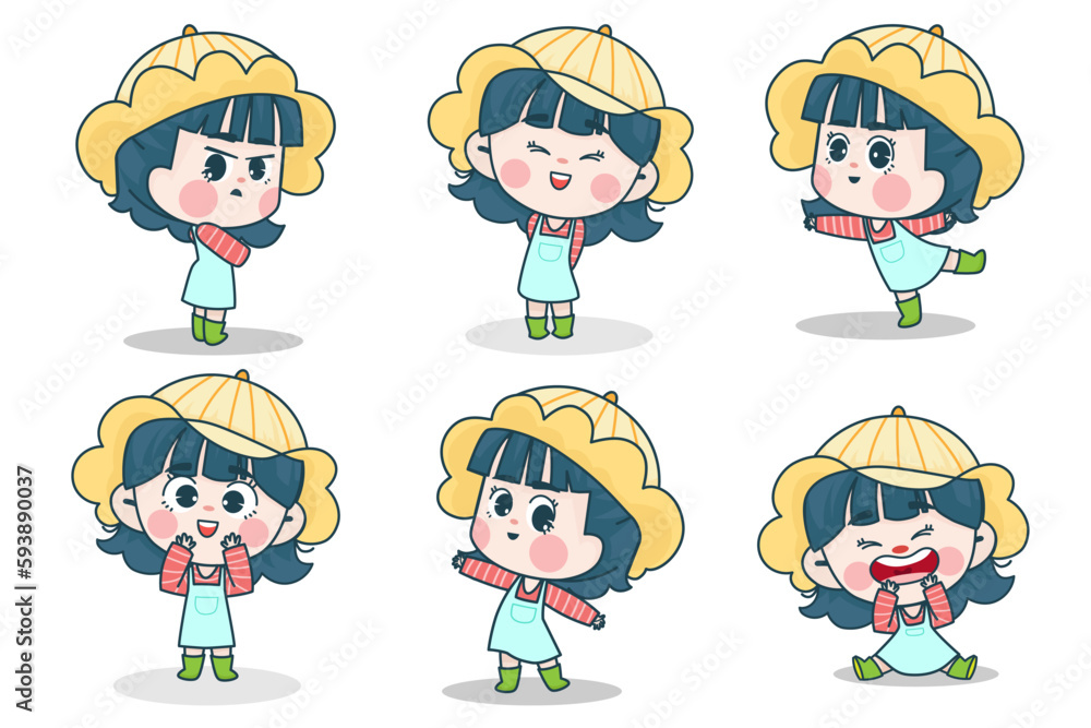 Young smart girl character with different facial expression and hand poses. Facial expression flat vector illustration Young smart girl character with different facial expression and hand poses. Facial expression flat vector illustration