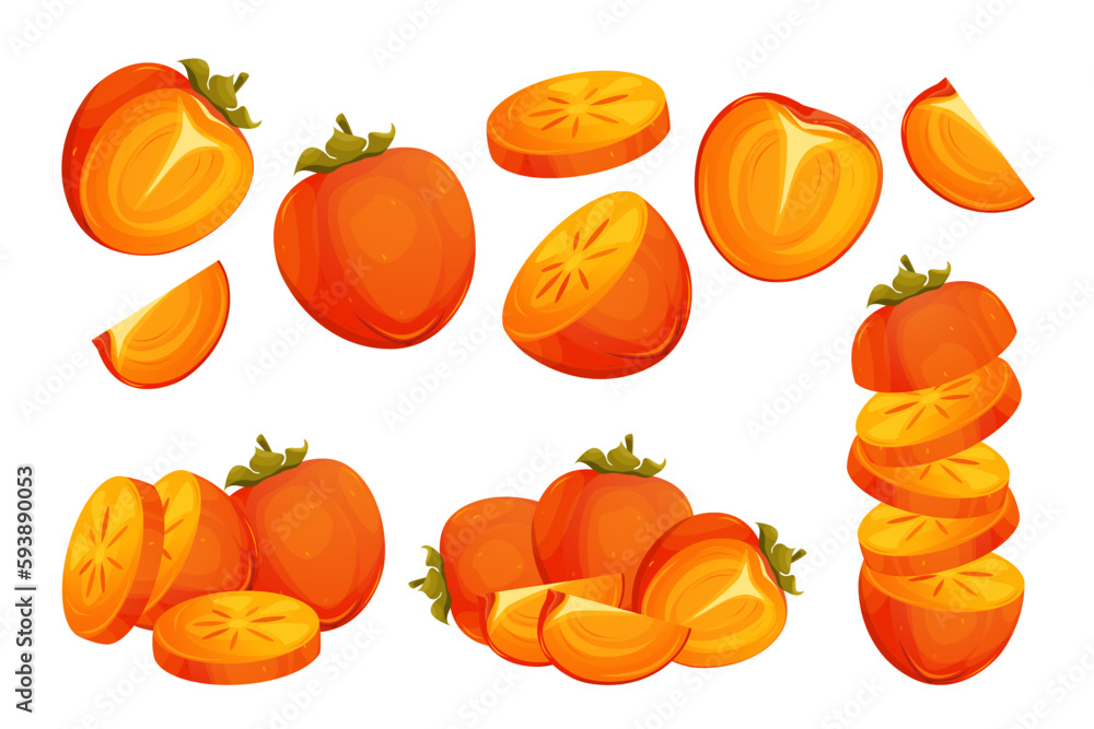 A set of persimmons, slices, circles, half a persimmon.Bright, juicy orange fruits.Vector illustration isolated on a white background.