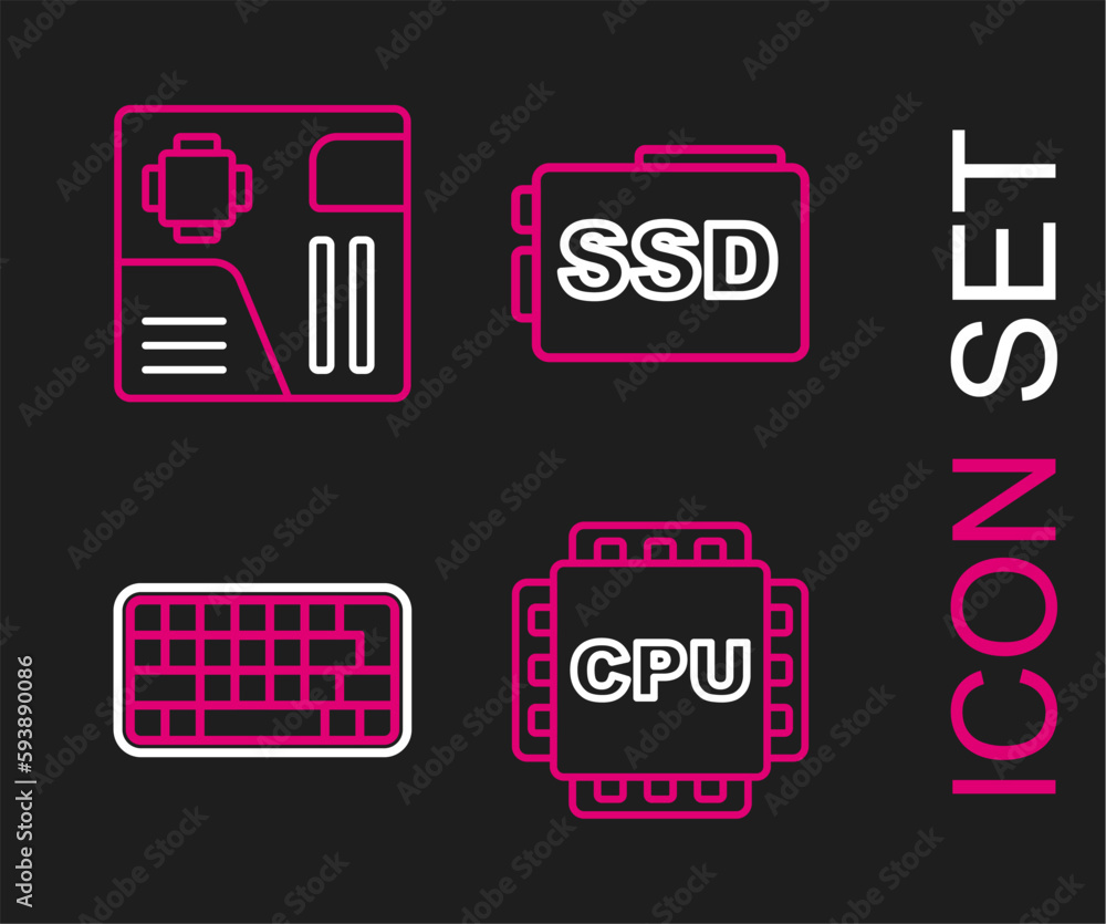 Set line Processor with CPU, Keyboard, SSD card and Motherboard digital chip icon. Vector Set line Processor with CPU, Keyboard, SSD card and Motherboard digital chip icon. Vector