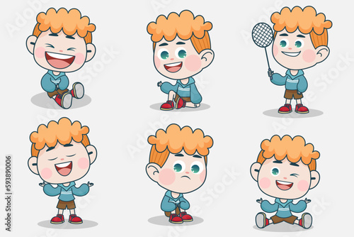 Young smart boy character with different facial expression and hand poses.