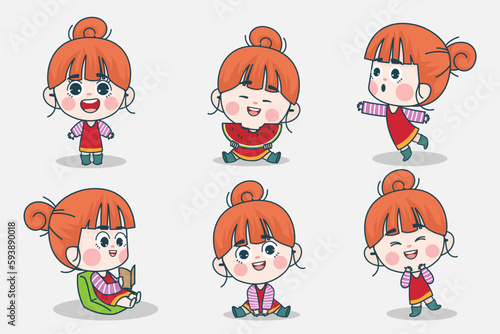 Young smart girl character with different facial expression and hand poses. Facial expression flat vector illustration