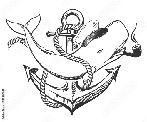 White sperm whale in a capitan cap and with a smoking pipe in his mouth. A creative illustration of a whale entwined with a rope at anchor. Old school tattoo sketch, surreal idea for t-shirt prints.