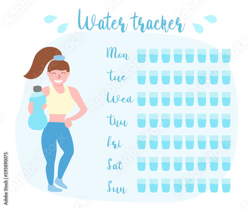 Weekly water tracker, girl with bottle of water, stay hydrated concept, vector