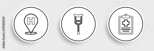 Set line Patient record, Location hospital and Crutch crutches icon. Vector