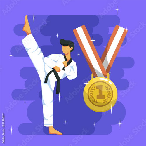 Athlete judo man with champions trophy