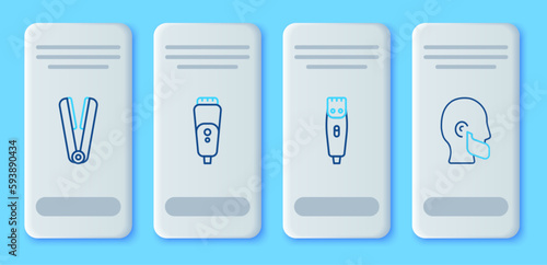 Set line Electric razor blade, Hair clipper, Curling iron for hair and Mustache and beard icon. Vector