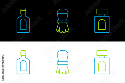 Set line Aftershave, Bottle of shampoo and Shaving brush icon. Vector