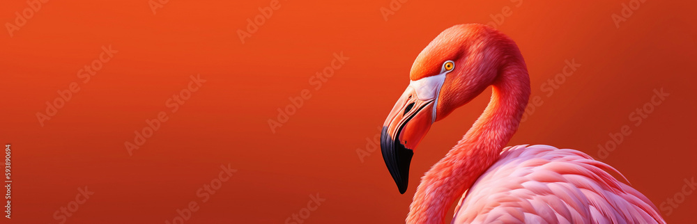Fototapeta premium Flamingo profile on a red uniform background. Beautiful colorful bird. Generative AI