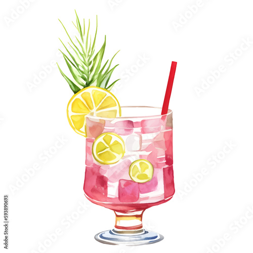Watercolor summer cocktail sketch. Hand painted vector isolated drink with peppermint and lemon