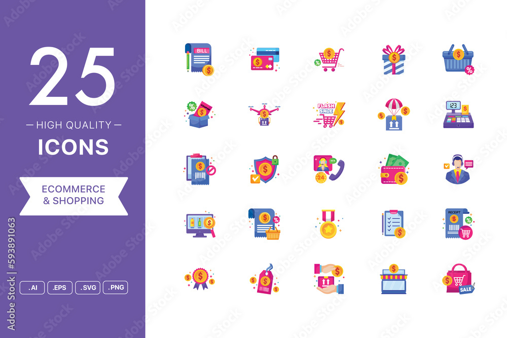 Vector set of Ecommerce and shopping icons. The collection comprises 25 vector icons for mobile applications and websites. Vector set of Ecommerce and shopping icons. The collection comprises 25 vector icons for mobile applications and websites.
